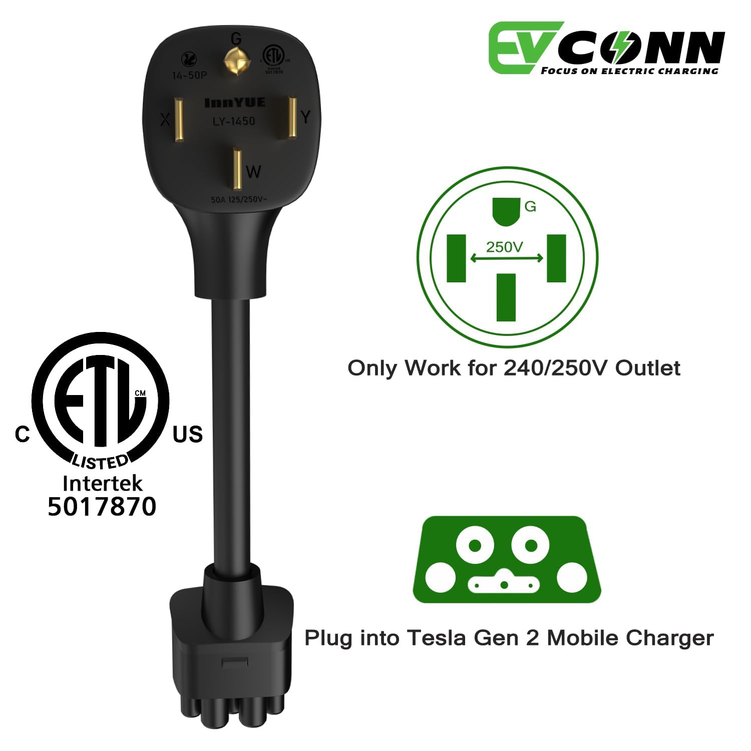 EVCONN 10" NEMA 14-50 Adapter for TSL Gen 2 Mobile Portable Charger-Connect Mobile Charger to 250V Outlet at 50 Amp (Not Compatible with pre-2018 Model S/X Vehicles) - EVCONN