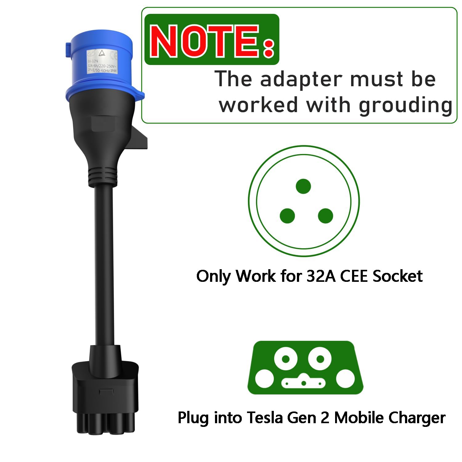 EVCONN 3-Pin CEE to Tesla Adapter - EVCONN