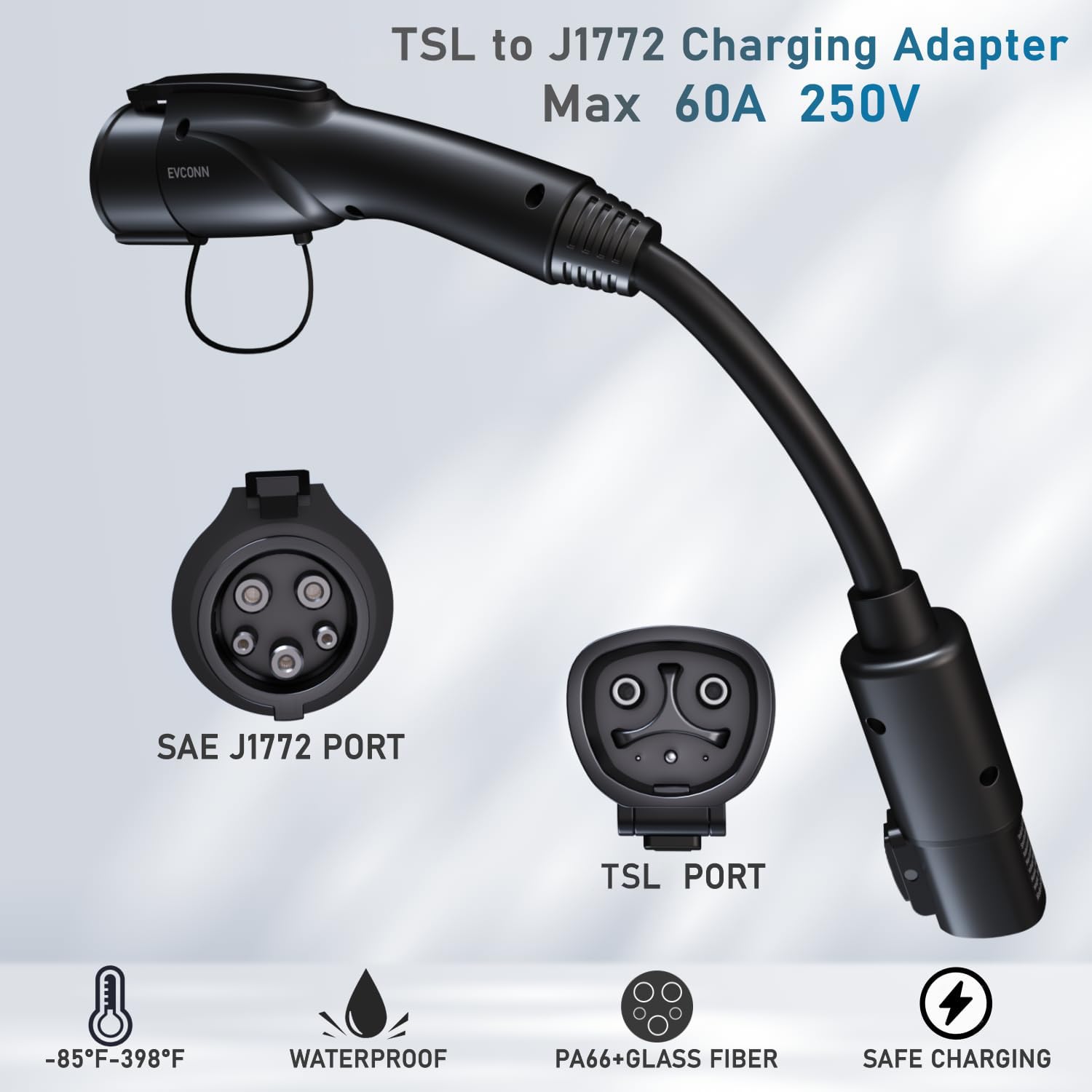 EVCONN Tesla to J1772 Max 60A| 250V Cable Adapter with Cord - EVCONN