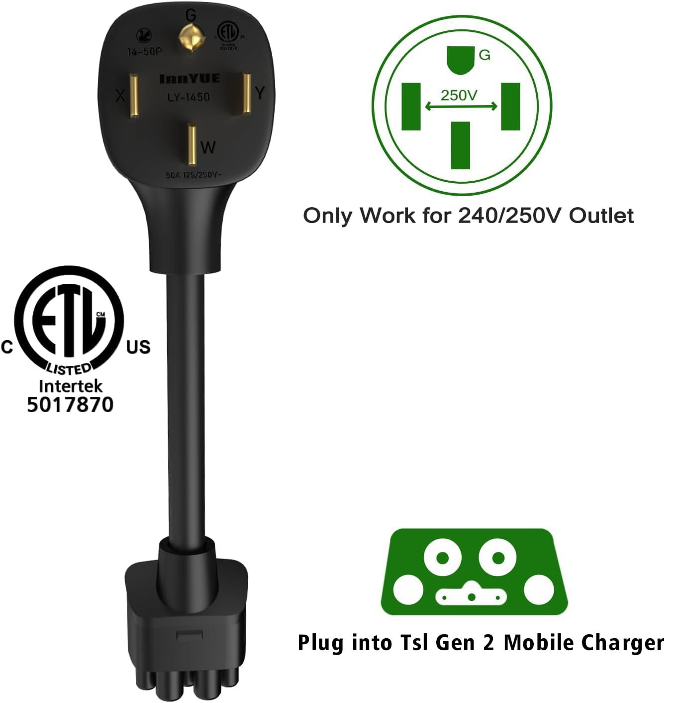 EVCONN 10" NEMA 14-50 Adapter for TSL Gen 2 Mobile Portable Charger-Connect Mobile Charger to 250V Outlet at 50 Amp (Not Compatible with pre-2018 Model S/X Vehicles) - EVCONN